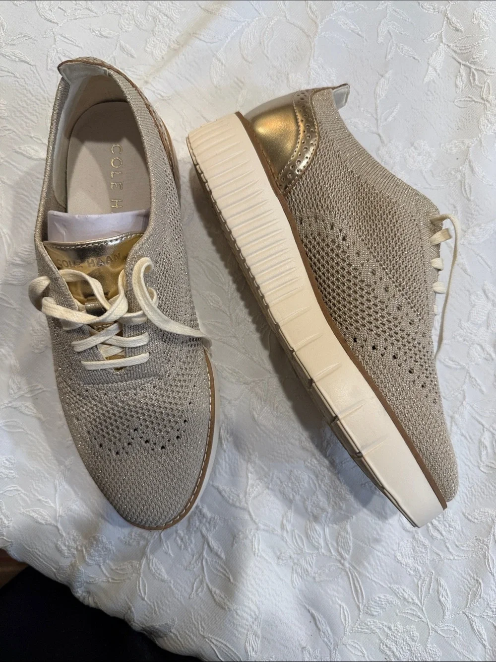 Cole Haan Lace-Up Knit Oxford Boots in Metallic Gold and Cream